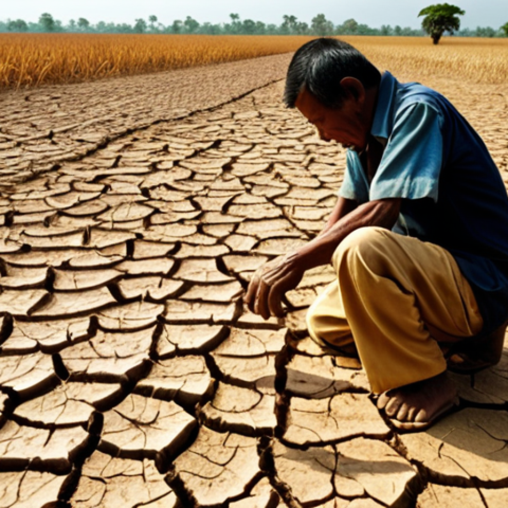 **

A vibrant scene of a Malaysian padi field during a severe drought. The earth is cracked and dry, withering crops barely surviving under the scorching sun. A distressed farmer is kneeling amongst the crops, gazing worriedly at the cracked earth. The background features a hazy sky, symbolizing the intense heat and lack of rainfall. Capture the stark contrast between the golden padi and the parched land.

**