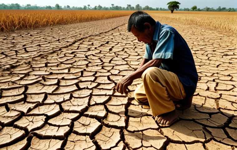 **
A vibrant scene of a Malaysian padi field during a severe drought. The earth is cracked and dry, withering crops barely surviving under the scorching sun. A distressed farmer is kneeling amongst the crops, gazing worriedly at the cracked earth. The background features a hazy sky, symbolizing the intense heat and lack of rainfall. Capture the stark contrast between the golden padi and the parched land.
**