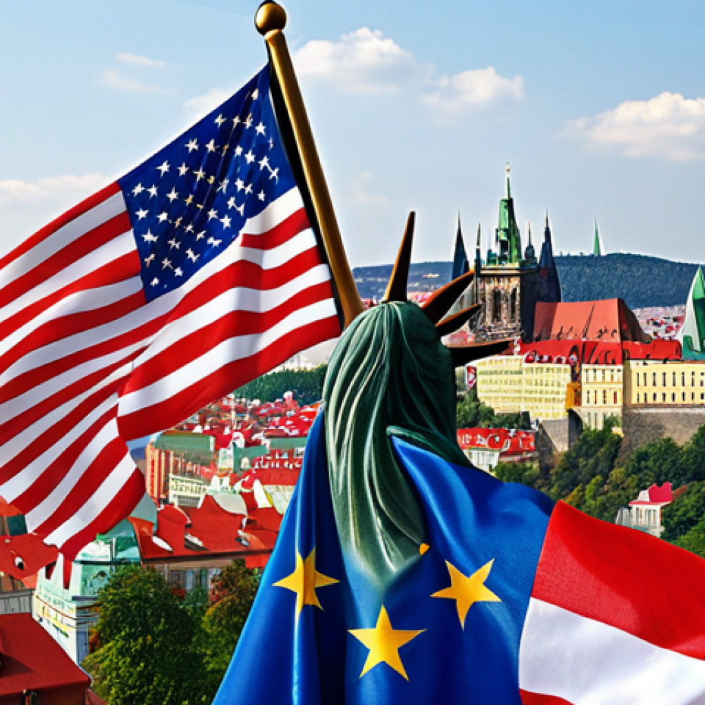 **Image Prompt:** A visual representation of the Czech Republic and the United States flags intertwined, symbolizing their strong bilateral relationship. The background should subtly feature iconic landmarks from both countries, such as Prague Castle and the Statue of Liberty. Style: A blend of photorealism and symbolic art.
