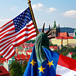 **Image Prompt:** A visual representation of the Czech Republic and the United States flags intertwined, symbolizing their strong bilateral relationship. The background should subtly feature iconic landmarks from both countries, such as Prague Castle and the Statue of Liberty. Style: A blend of photorealism and symbolic art.