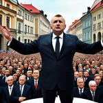 **Image:** A powerful and charismatic political leader addressing a large crowd of supporters in the Czech Republic. The scene should evoke a sense of hope and inspiration.