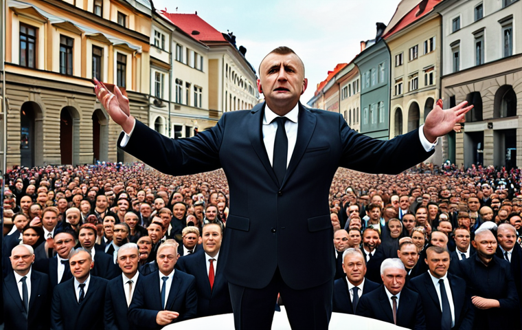 **Image:** A powerful and charismatic political leader addressing a large crowd of supporters in the Czech Republic. The scene should evoke a sense of hope and inspiration.