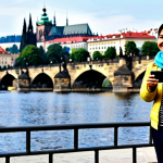 **

"A Malaysian traveller, fully clothed in modest travel attire (e.g., comfortable pants, t-shirt, light jacket, headscarf if applicable), stands in front of Prague's Charles Bridge, safe for work. She is smiling and holding a digital camera or smartphone. Background includes tourists and the Vltava River. Focus on capturing the vibrant atmosphere. perfect anatomy, correct proportions, natural pose, professional photography, high quality, appropriate content, family-friendly."

**