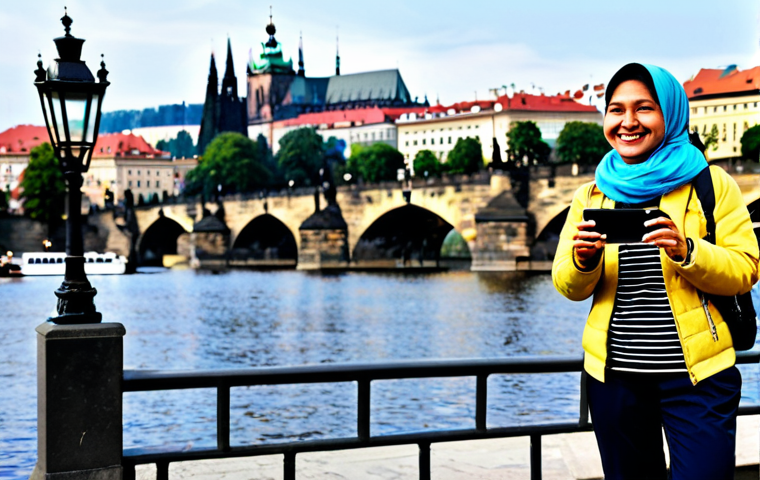 **

"A Malaysian traveller, fully clothed in modest travel attire (e.g., comfortable pants, t-shirt, light jacket, headscarf if applicable), stands in front of Prague's Charles Bridge, safe for work. She is smiling and holding a digital camera or smartphone. Background includes tourists and the Vltava River. Focus on capturing the vibrant atmosphere. perfect anatomy, correct proportions, natural pose, professional photography, high quality, appropriate content, family-friendly."

**